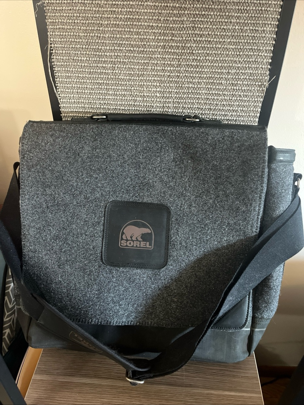 Sorel Gray Felt Messenger Bag with Black Strap